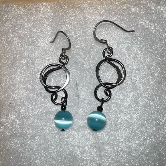 OOAK artisan dangle earrings with turquoise colored tigers eye sphere - Picture 2 of 2